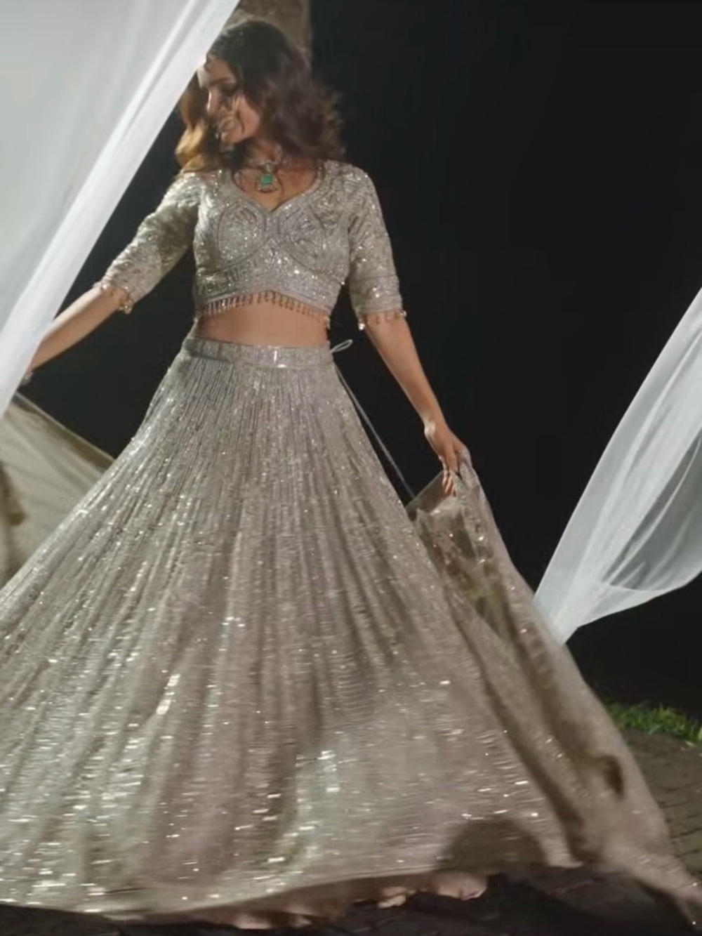 Embellished Taupe Lehenga Set with Mirror Work